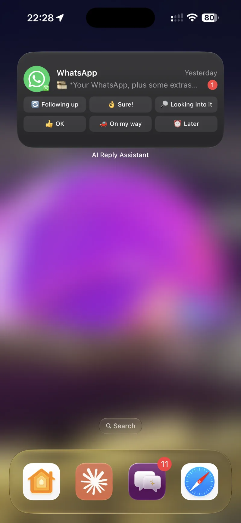 A medium Quick Reply widget on the Home Screen, showing six saved replies under a WhatsApp conversation